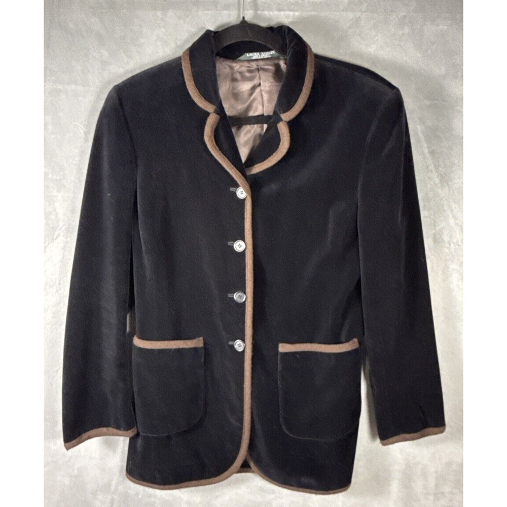 Laura Ashley Women's Vintage Velour Jacket Black Velour Brown Edging Size‎ 6